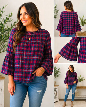 Universal Thread by Hatch Women’s Medium Plaid Bell Sleeve Blouse Red Navy